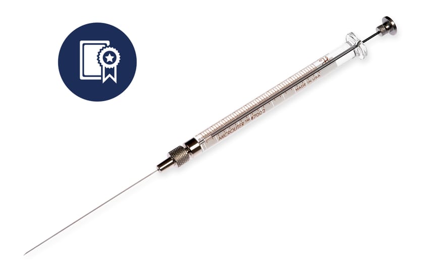 Hamilton Microliter #7002 glass syringe with knurled needle hub and certificate/award badge icon
