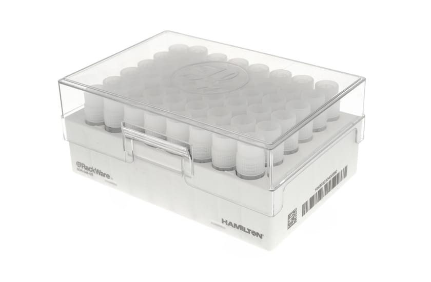 Hamilton RackWare box with clear lid containing cryogenic storage vials