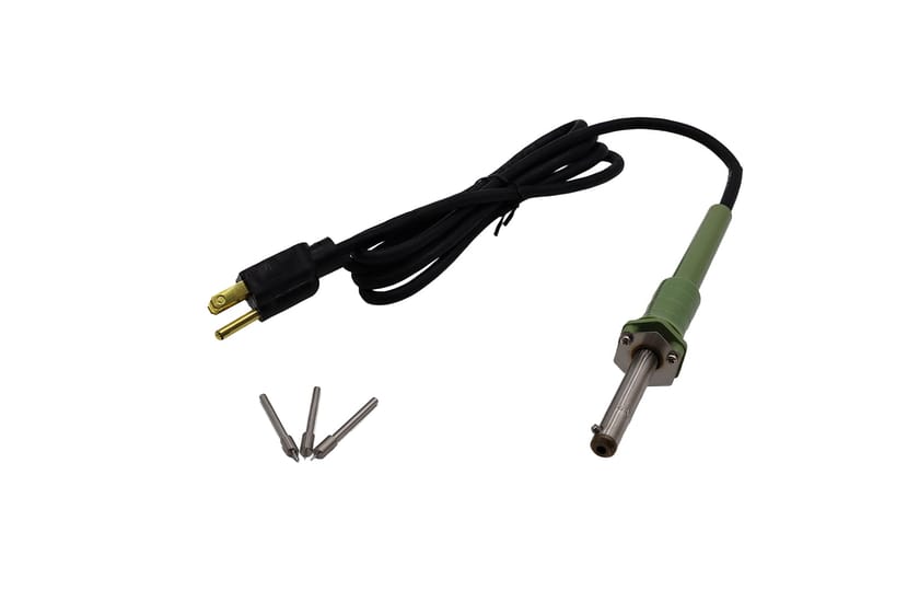 Electric flanging tool with green handle, power cord, and three interchangeable metal tips