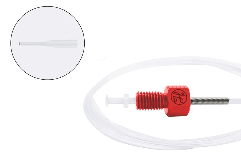 FEP tubing coil with red color-coded threaded fitting and flat-tipped end detail inset