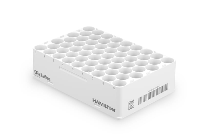 White Hamilton RackWare tube rack with 60 circular tube positions, numbered columns 1–9, with barcode and QR code on side