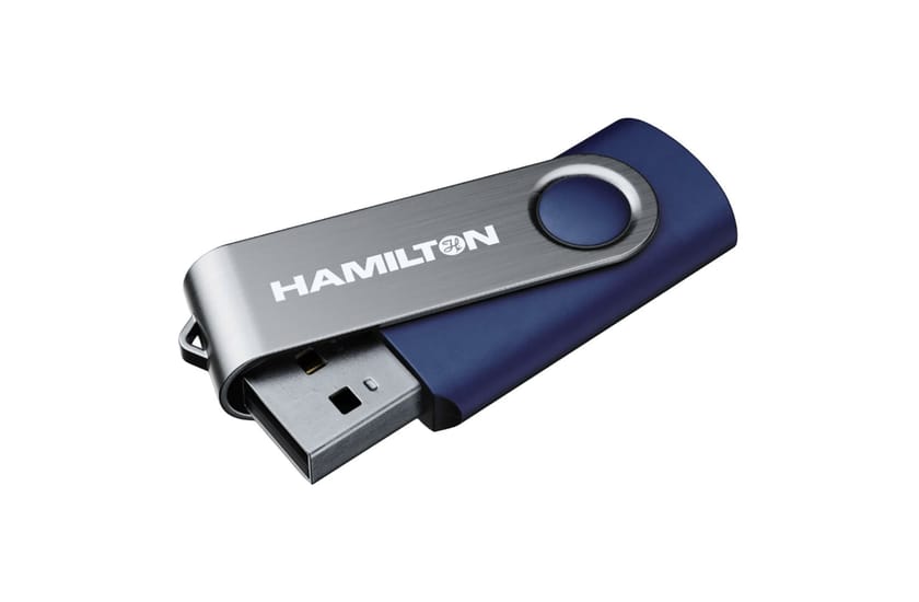 Hamilton-branded navy blue and silver swivel USB flash drive with connector exposed