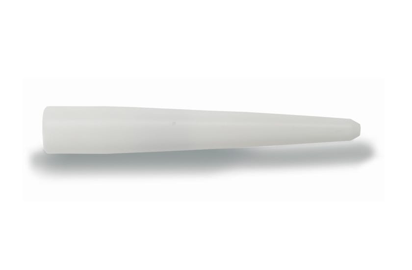 White tapered pipette tip with a pointed end, shown on a transparent background