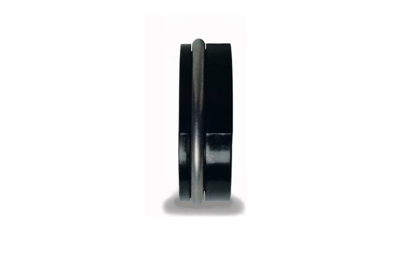 Black rubber wheel with central groove and metal axle pin, side view