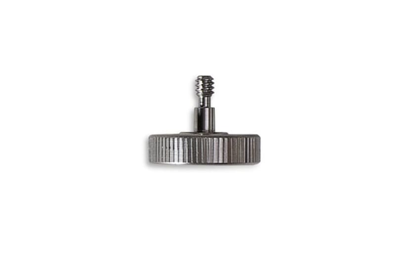 Knurled metal thumbscrew with threaded post on top