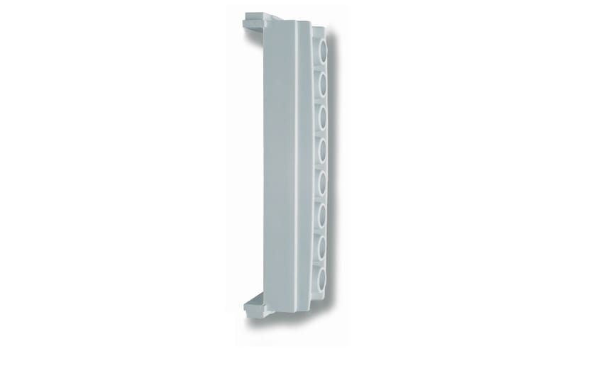 Light gray plastic rack or carrier component with a column of circular holes along its right edge and mounting tabs at top and bottom