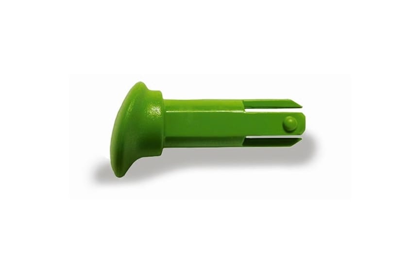 Green plastic snap-fit cap with split shank and retention bead, shown on white background