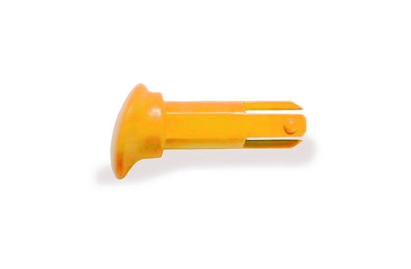 Orange plastic snap-fit pin with flanged head and slotted tip