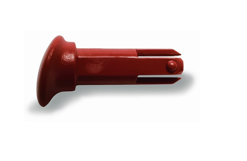 Red split-tip pin with flanged head and spring-loaded ball detent