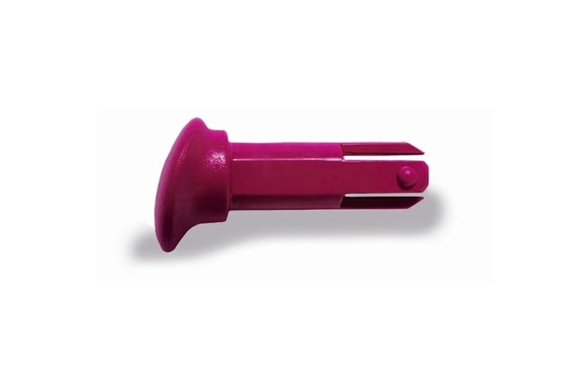 Magenta plastic split-tip locking pin with flanged head and spring-loaded ball detent