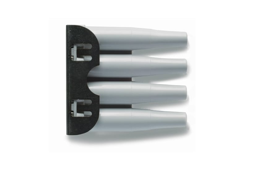 Four silver cylindrical pipette tips held in a black mounting bracket with two locking clips