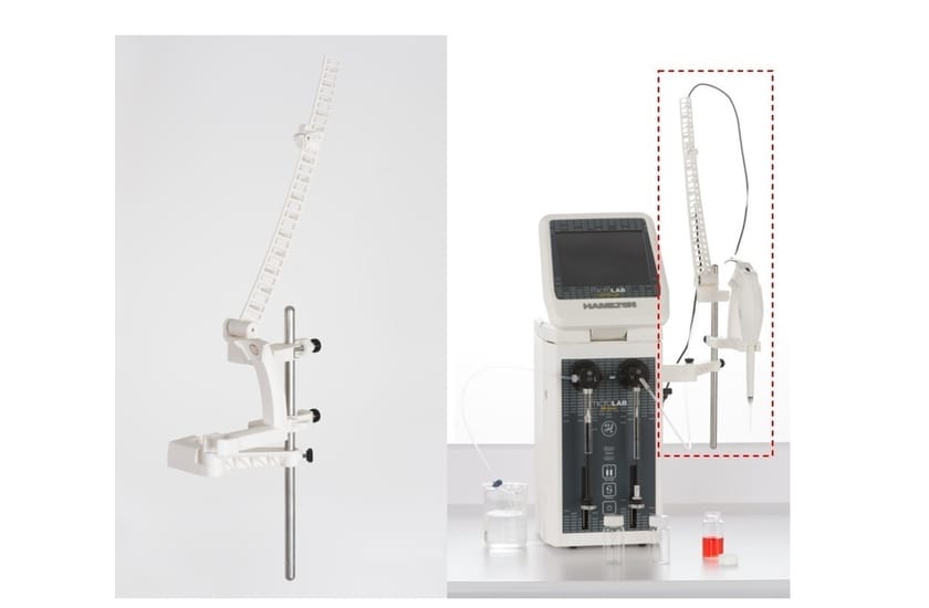 Tube rack accessory shown alone and mounted on a Hamilton MicroLab dispenser with syringes and sample vials