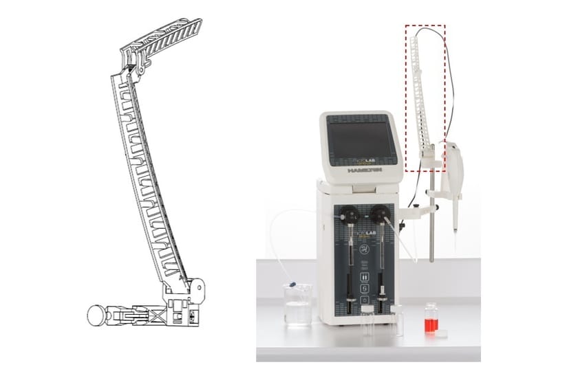 Hamilton MicroLab dispenser with syringe drives beside a technical line drawing of an arm assembly