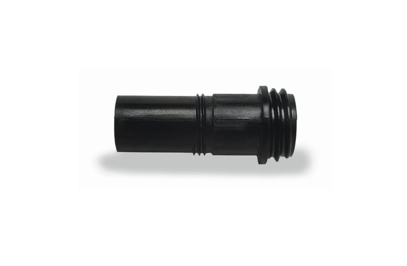 Black cylindrical threaded adapter with grooved body and external threads on one end