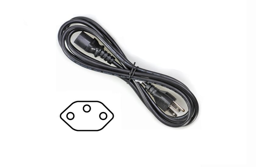 Black 3-prong power cord with IEC C13 connector, coiled, with IEC C14 inlet diagram below