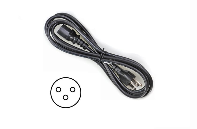 Black 3-prong power cord coiled with IEC C13 connector, with circular 3-pin receptacle diagram below