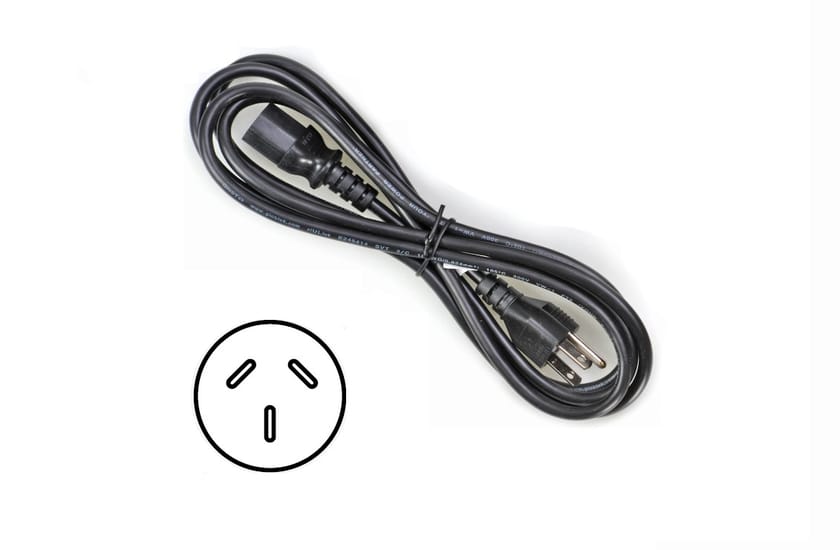 Black 3-prong power cord coiled with IEC C13 connector, beside an Australian outlet diagram