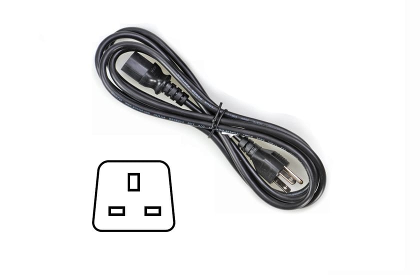 Black power cord coiled with a NEMA 5-15P plug on one end and a C13 connector on the other, with a UK outlet icon.