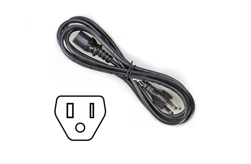 Black 3-prong NEMA 5-15P to IEC C13 power cord, coiled, with outlet diagram icon