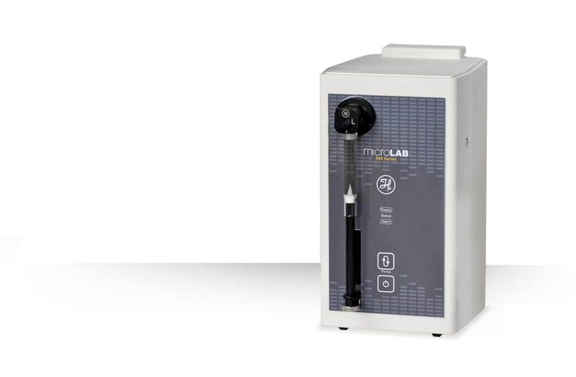 MicroLAB 600 Series syringe pump with single syringe module, white enclosure, gray front panel