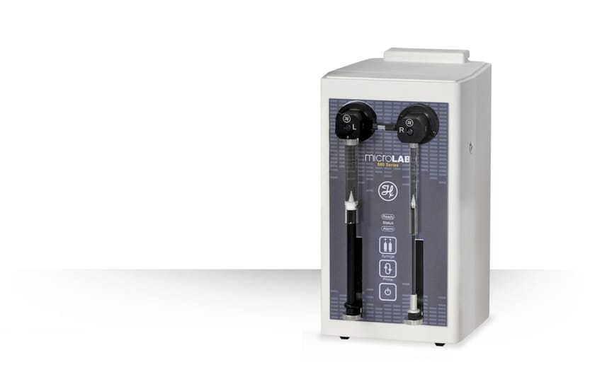 MicroLAB 600 Series dual-syringe dispenser with L and R valve heads, status indicators, Syringe and Prime buttons