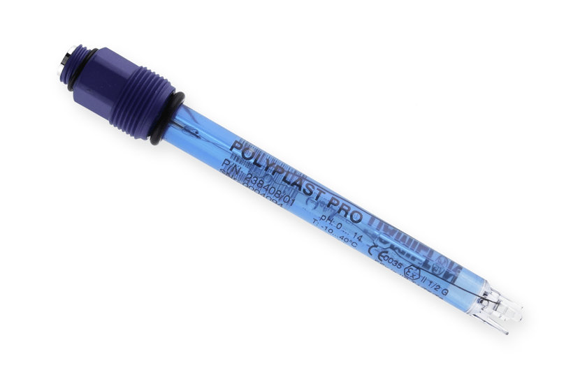 Polyplast Pro pH electrode with blue plastic body, threaded head, and glass sensor tip