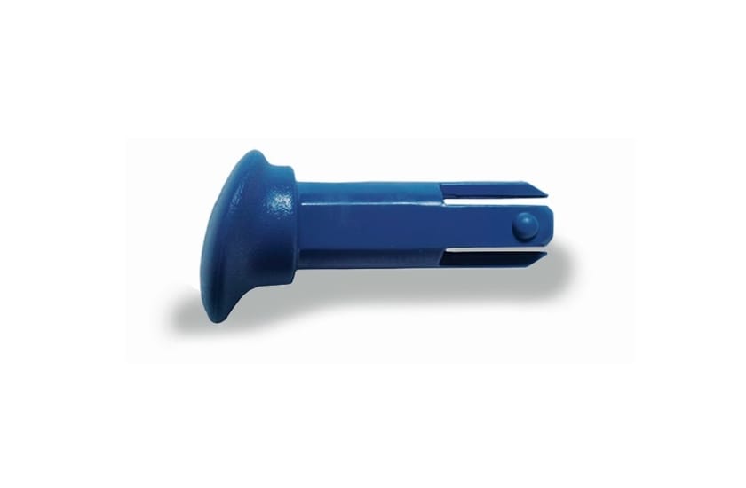 Blue plastic plunger cap with split tip and retention bead