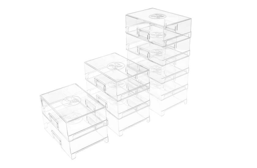 Stacked clear plastic storage boxes arranged in ascending tiers of 2, 4, and 6 units