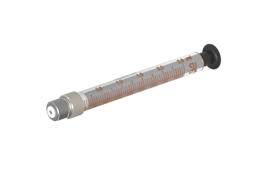 Hamilton glass syringe with metal Luer-lock tip, graduated scale to 2.5 mL, and black plunger head