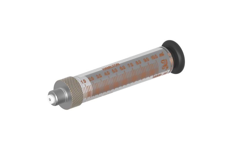 Hamilton 10 mL glass syringe with metal luer tip, graduated scale, and black plunger tip