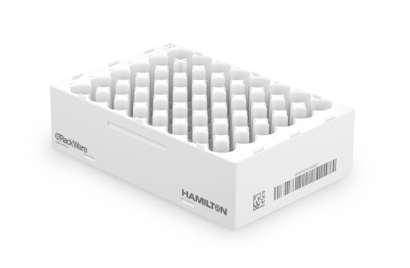 Hamilton RackWare sample tube rack with grid of positions, barcode and QR code on white exterior