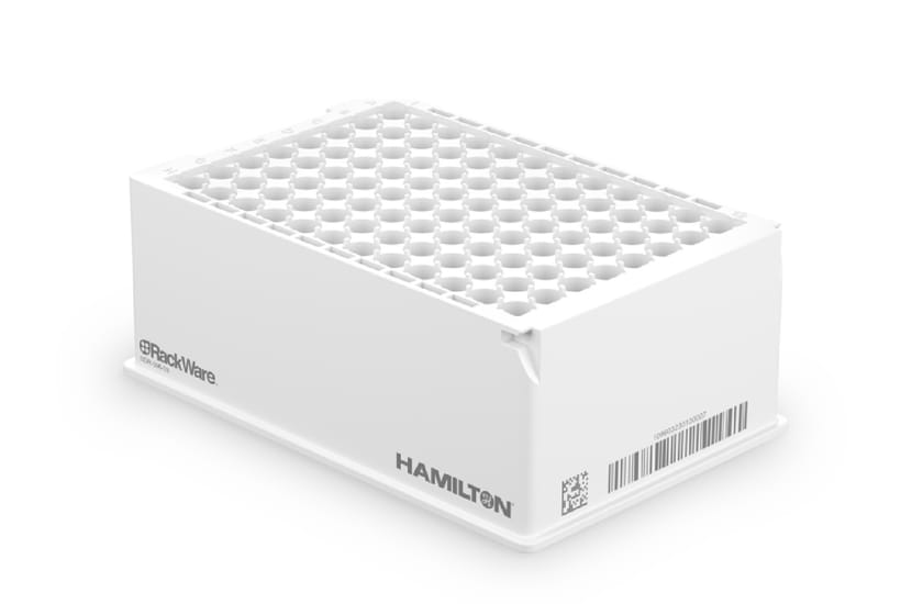 Hamilton RackWare white 96-position sample storage rack with barcode label