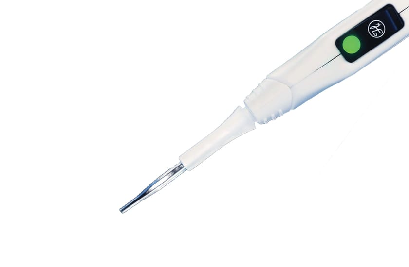 Hamilton electronic pipette with through-tube adapter and metal tip, green status button visible