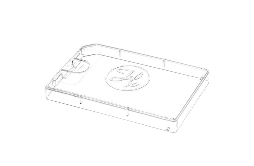 Clear acrylic rectangular tray with raised border, monogram emblem, and card holder slot