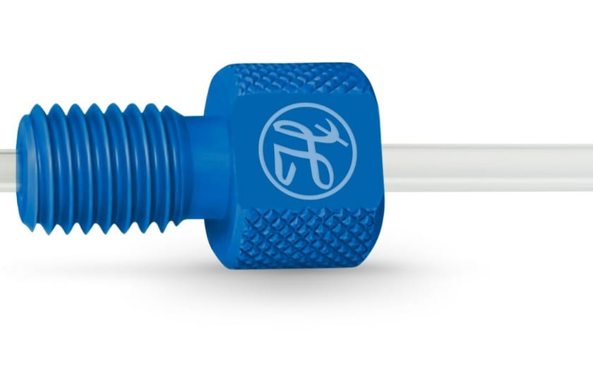 Blue anodized knurled flangeless fitting with threaded stem on clear tubing, Hamilton logo engraved on face