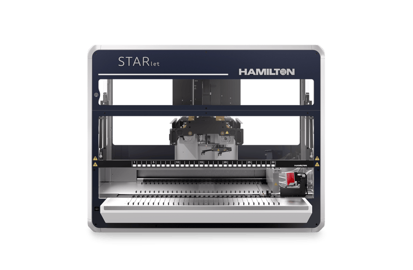 Hamilton STARlet automated liquid handling workstation, front view, deck with numbered positions visible