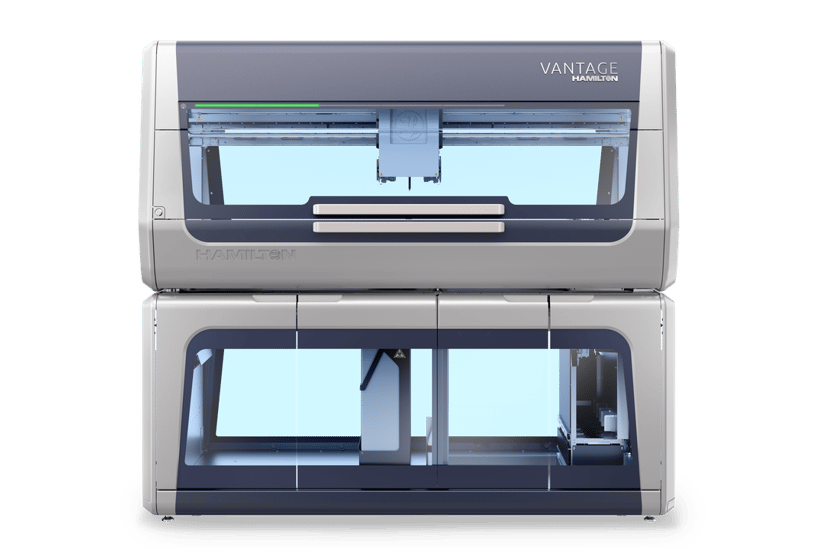 Hamilton Vantage automated liquid handler, front view, two-unit stacked configuration, silver and dark gray enclosure, green status light
