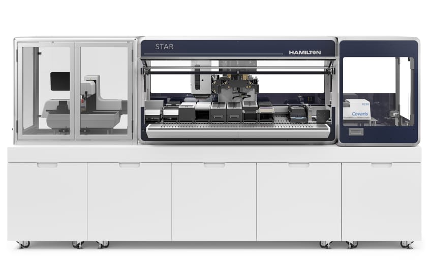 Hamilton STAR automated liquid handler with integrated Covaris R230 module, frontal view, partially open