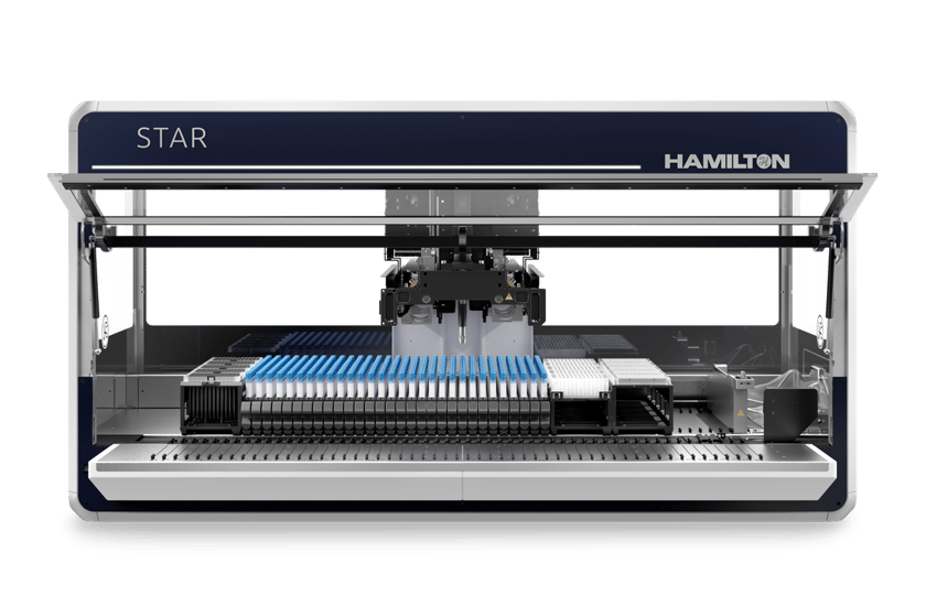 Hamilton STAR automated liquid handler, front view open, with pipetting arm and blue tip racks on deck