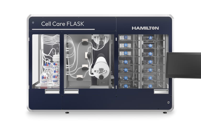Hamilton Cell Care FLASK automated cell culture system with reagent, robotic, and flask storage modules