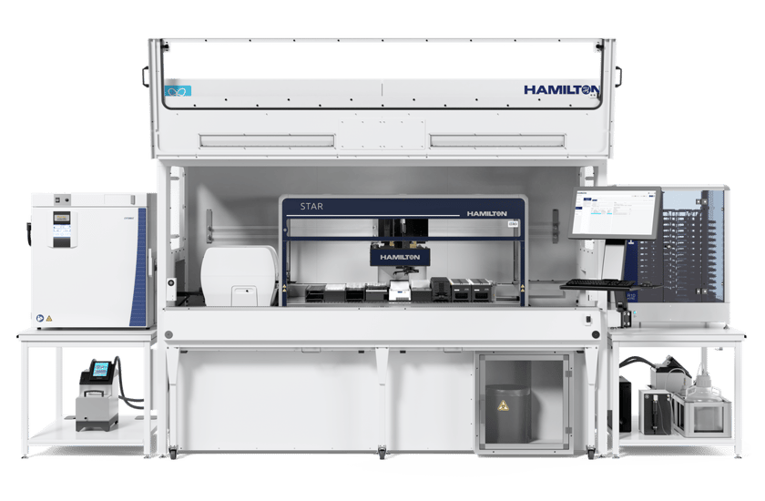 Hamilton STAR automated liquid handler in open Cell Care workstation enclosure with integrated monitor, storage, and peripherals