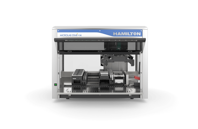 Hamilton Microlab STARlet M automated liquid handling workstation, front view with deck and robotic arm visible