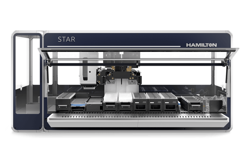 Hamilton STAR automated liquid handling workstation, front view, with pipetting arm and deck modules
