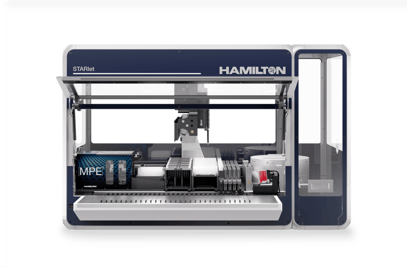 Hamilton STARlet automated liquid handler, front view, deck open, with MPE² module and robotic pipetting arm visible
