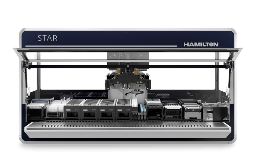 Hamilton STAR automated liquid handler, front view with deck open, showing pipetting arm and loaded labware carriers