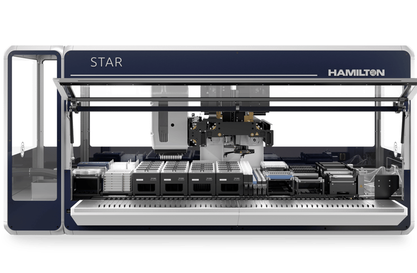 Hamilton STAR automated liquid handler, front view, open deck with pipetting arm, tip racks, and reagent carriers