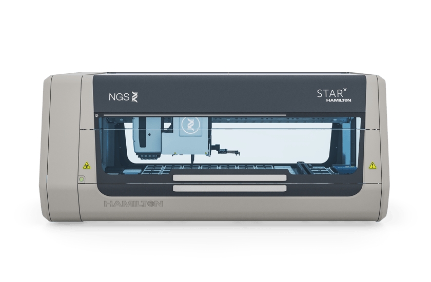 Hamilton STAR V automated liquid handler with NGS branding, closed, front view