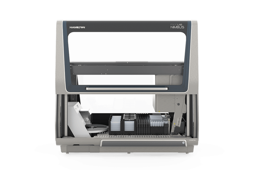 Hamilton microLAB NIMBUS automated liquid handler, front view, lid open, deck loaded with plates and tip racks