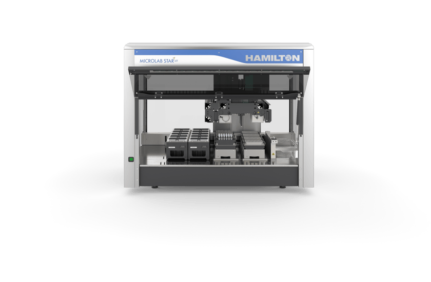 Hamilton Microlab STARlet automated liquid handling workstation, front view, open deck with tip racks and labware