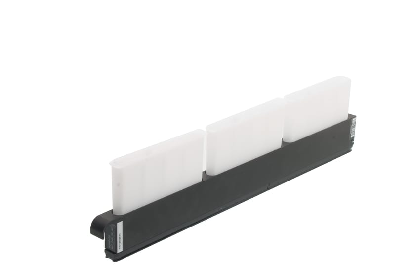 Three white reagent troughs seated in a black elongated carrier rail, isolated on white background.